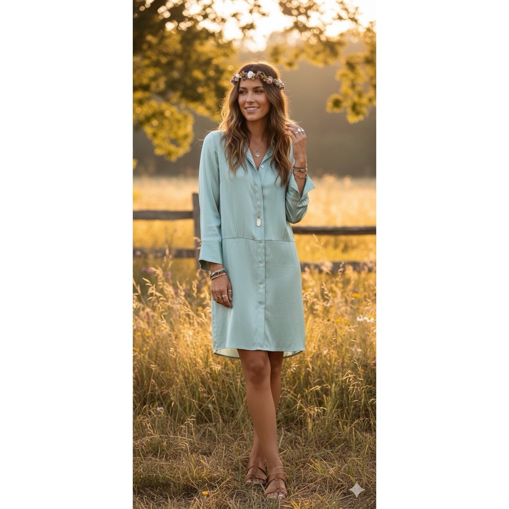 Free‎ People 🤑Boho Style 🩵Button-Up Collared Tunic Shirt Dress Fairy M$128